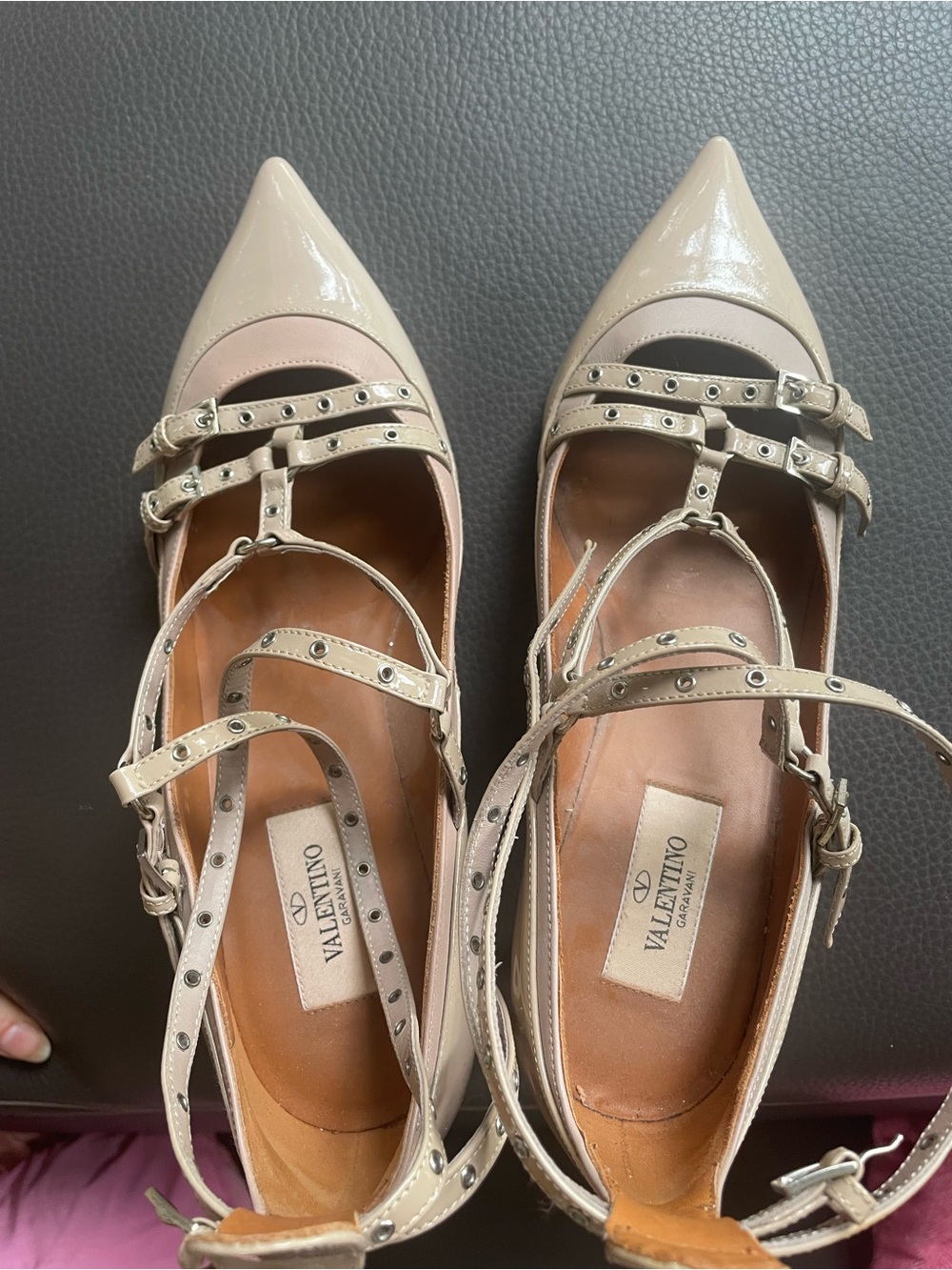 Valentino Nude Patent Leather Pointed Mary Jane Flats with Studded Straps